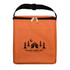 A zippered orange cooler bag with a front pocket and a logo featuring a tent and trees.