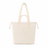 A light beige tote bag with two shoulder straps and a drawstring closure at the top. It has a simple branding logo.