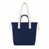 A navy blue tote bag with cream-coloured handles and a drawstring closure, featuring a logo.