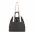A grey tote bag with long fabric straps, featuring a drawstring closure and a front pocket. It has a simple branding detail.