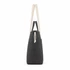 A grey tote bag with cream straps and a drawstring closure, featuring a side pocket.