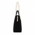A black tote bag with cream straps and a drawstring closure. The bag has a simple design and features a logo.
