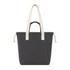 A dark grey tote bag with cream handles and a front pocket, featuring a drawstring closure.
