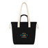 A black tote bag with long beige handles and a front pocket featuring a logo.