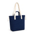 A navy tote bag with cream handles and a front pocket, featuring a logo on the side.