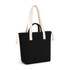 A black tote bag with cream straps and a front pocket, featuring a drawstring closure.