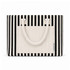 A striped tote bag in black and cream with sturdy handles and a front pocket, featuring a logo.