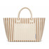 A striped tote bag in beige and cream featuring two handles and a front pocket. Branding is present on the bag.