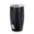 A drink bottle with a matte black finish and a clear lid, featuring a subtle logo design.