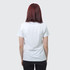 A white women's t-shirt with a crew neck and short sleeves, featuring a plain back view.