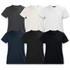 A collection of TRENDSWEAR Viva Women's T-Shirts in grey, white, navy, and black, featuring V-neck designs.
