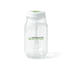 A clear plastic salad jar with a white lid and a branding logo. Features measurement markings on the side.