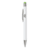 A white pen with a chrome clip and a green rubber tip, featuring a logo on the barrel.