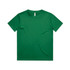 A green kids' t-shirt featuring a simple design and a classic crew neckline. It has a logo on the label.