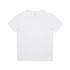 A white kids' t-shirt with a round neck and short sleeves, featuring a logo on the inside label.