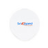 A round white container with a logo in blue and red, designed for holding small items or products.
