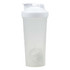 A drink bottle with a white lid and an opaque body, featuring a mixer ball inside.