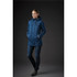 A women's quilted puffer jacket in deep blue, featuring a hood and a zippered pocket, displayed on a model.