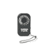 A black mini pocket fan with a circular grille and a wrist strap. It features a logo on the front.