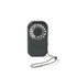 A compact grey mini pocket fan with a circular blade and a wrist strap for easy carrying. It has a logo visible.
