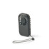 A mini pocket fan in black with a textured design and a detachable strap for easy carrying.