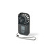 A black mini pocket fan featuring a prominent fan blade design and a detachable strap for easy carrying.