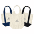Three mini canvas tote bags in natural, navy blue, and black with various logos on the front.