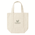 A cream-coloured mini canvas tote with two handles and a front pocket. It features a logo on the front.