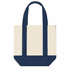 A mini canvas tote in cream and navy blue, featuring two handles and a small pocket on the front.