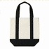 A mini canvas tote in cream with black straps and a reinforced bottom, featuring a logo.