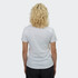 A white women's t-shirt from the back, featuring short sleeves and a fitted design. The model has wavy blonde hair.