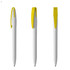 A set of three pens featuring a grey body with yellow clips, showcasing a sleek design and a logo on the clip.