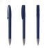 A set of three navy metal pens with a sleek design and clips, featuring a shiny silver tip.