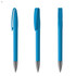 A set of three blue metal pens with silver tips and clips, featuring a simple, sleek design.