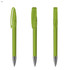 A set of three transparent green plastic pens with black accents and clips. Each pen features a sleek design.