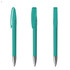 A teal plastic pen with a silver tip, featuring a transparent cap and a clip, displayed from multiple angles.