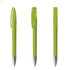 A set of green plastic pens with silver tips and clips, featuring a simple and sleek design.