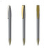 A metal pen in grey with gold accents, showcasing three angles and a branded logo.