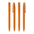 Four orange plastic pens are arranged neatly, each featuring a clip and a smooth barrel design.