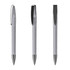 A grey metal pen with a sleek design, featuring a black clip and shiny silver tip. It has a logo on the barrel.