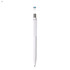 A white plastic pen with a silver clip and a branding logo at the top.