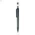 A plastic pen in dark grey with a clip and a circular top, featuring a branding logo.