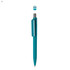A teal plastic pen with a removable cap and a clip. The pen has a sleek design and a chrome accent.