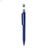 A blue plastic pen with a silver clip and a logo on the top.