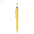A yellow plastic pen with a clip and a rounded top, featuring a small logo.
