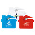 A set of three letter openers in blue, red, and white, each featuring a logo.