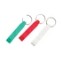 A drink bottle opener featuring three keyring designs in green, red, and white, each with a silver keyring attachment.
