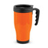 A travel mug featuring an orange exterior, a black lid, and a textured black handle.