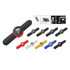 A collection of mobile stands in various colours, including black, red, yellow, blue, green, and white, with a logo.