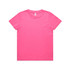 A bright pink t-shirt featuring a simple design and a logo tag on the neckline.